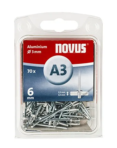 Novus Aluminium Blindnieten 6 mm, 70 Nieten, Ø 3 mm, 2.5-3.5 mm Klemmlänge, zur Befestigung von Stoffen und Leder, 045-0028