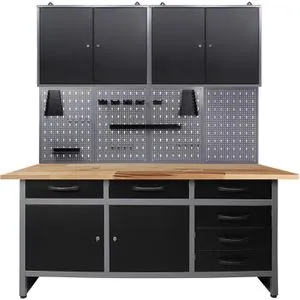 Ondis24 Werkbank Karsten, schwarz, 4-teilig, 2 Hängeschränke, 6 Schubladen und Lochwand, 160 x 205 x 60 cm