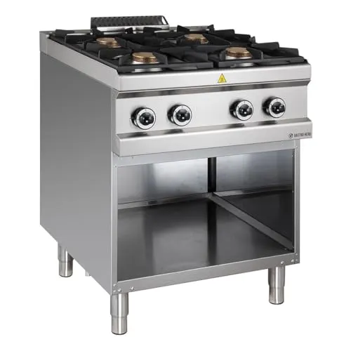 GastroHero Gasherd Serie 77-70/70 28 kW - Hochwertiger Edelstahl - Professioneller Gasherd mit 4 Flammen, höhenverstellbaren Edelstahlfüßen und praktischem Stauraum. Ideal für Gastronomiebedarf, wartungsarm und energieeffizient.