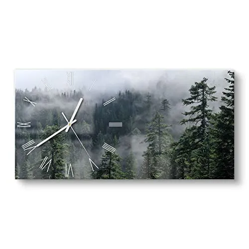 DEQORI Glasuhr | Tannenspitzen im Nebel in grau von DEQORI