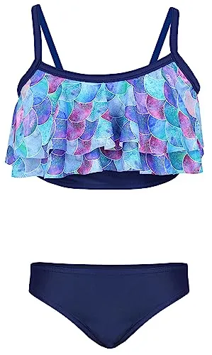 Aquarti Mädchen Bikini Set Bustier Bikinislip Zweiteiliger Badeanzug, Farbe: 030A mit Rüschen/Meerjungfrau Lila/Dunkelblau, Größe: 134