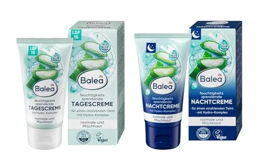Balea Tagescreme und Nachtcreme für normale und Mischhaut, mit 10% Aloe Vera, feuchtigkeitsspendend, mit Hydro-Komplex für strahlenden Teint, Vegan, Set von 2