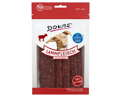 DOKAS Lammfleisch getrocknet 12er Pack (12 x 70g) - Leckeres Lammfleisch für Hunde im praktischen 12er Pack. Ideal als Belohnung, schonend luftgetrocknet und 100% aus Lammfleisch für einen besonderen Snack. Hochwertiges Ergänzungsfutter für glückliche Vierbeiner.
