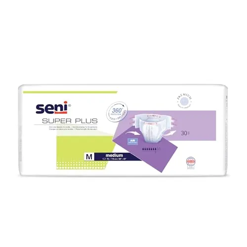 SUPER SENI PLUS M Windeln für die Nacht für Erwachsene - Inkontinenzeinlagen für mittlere bis schwere Blasenschwäche, atmungsaktiv mit Nässeindikator und elastischen Klettverschlüssen für optimale Anpassung und Sicherheit.
