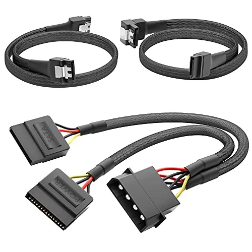 KabelDirekt – SATA-Strom-/Datenkabel-Set – Molex auf 2× SATA + Daten | Set: Molex-auf-2×-SATA-Strom (30cm) + 2× SATA-III-Datenkabel 6Gbit/s (60cm, 1× 90°) – für HDD & SSD