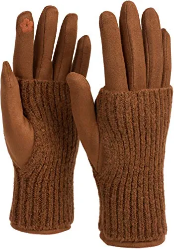 styleBREAKER Damen 3 in 1 Touchscreen Handschuhe mit abnehmbarer Strick Stulpe | Winterhandschuhe | 3 Tragevarianten | Weich warm elastisch in vielen Farben, Farbe:Cognac