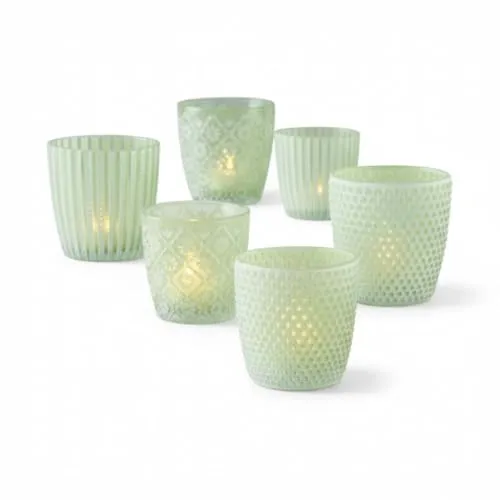 LS-LebenStil 6X Glas Teelichthalter Retro Grün Weiß 7-9cm 6´er Set Kristall Ornament Teelicht-Gläser Windlicht-Halter Kerzenständer Tischdeko Kerzen Deko Kerzenhalter für Teelichter Hochzeit
