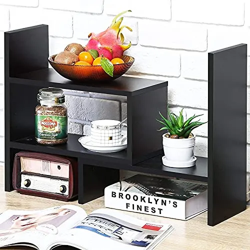 Voency Bücherregal Klein Desktop Organizer Bücherregal, bücherregal Holz, Verstellbares Bücherregal, Ausziehbares Standregal für Bürobedarf, Wohnkultur und Küche, Schwarz