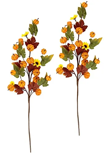 Künstlicher Herbstzweig mit Sonnenblumen Kürbissen und Herbstlaub Herbstliche Blumen Herbst Deko Herbstdeko Kunstblume Herbstblume Seidenblume Plastikblumen Zweige für Vase Halloween Girlande