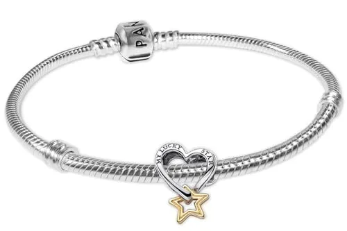 Pandora Charm-Armband Geschenkset Glücksstern und Herz - Silberarmbänder: Starterset mit poliertem 925 Silber, einzigartigem Herz-Bead und goldplattiertem Stern-Anhänger für besonderen Glanz.
