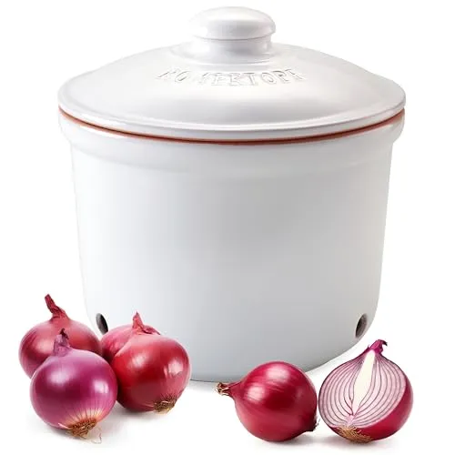 Römertopf Frische-Topf MAXI aus Naturton - Ideale Aufbewahrung für Zwiebeln - Frischhaltedose aus Keramik für die natürliche Lagerung von Zwiebeln und Gemüse. Mit optimaler Luftzirkulation durch 3 Belüftungslöcher, verhindert Staunässe und Schimmel.