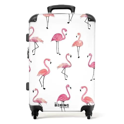 NoBoringSuitcases.com® Flamingo Kinderkoffer - Rosa Hartschalen-Trolley - Kindergepäck: Der mittelgroße Hartschalenkoffer mit Flamingo-Motiv bietet 72 Liter Volumen und ist ideal für Reisen. Mit robustem ABS-Material und integriertem Zahlenschloss für Sicherheit.