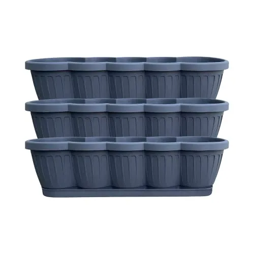 Hossi's Wholesale 3er Set Blumenkasten 40cm, Balkonkasten mit Wasserspeicher, Pflanzkasten Anthrazit im Wellendesign mit passendem Bewässerungsuntersetzer