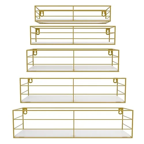 HORLIMER 5er-Set Wandregal, Schweberegal mit Gold Metal Stäben und Weiß Holzbrett, Modern Regal Wand für Küche, Bad, Schlafzimmer, Wohnzimmer und Büro (Rechteckig)