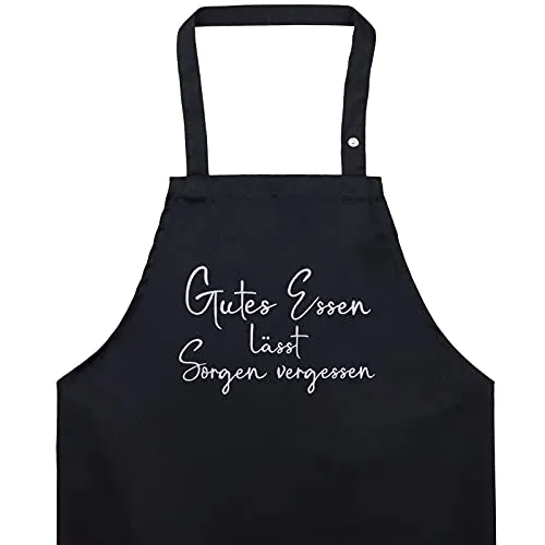 EXPRESS-STICKEREI Moderne Schürze für Frauen verstellbar mit Tasche - Kochschürze mit Spruch: Gutes Essen lässt Sorgen vergessen - bestickte Küchen-Schürze - Hobby-Koch Geschenk für Oma/Mama