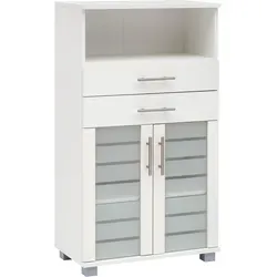 Schildmeyer Badschrank Niko 105652, weiß, stehend - Bad-Kommode mit 2 Türen, 2 Schubladen und offenem Regalfach, ideal für optimale Stauraumgestaltung im Bad. Aus feuchtigkeitsbeständigem MDF, Made in Germany.