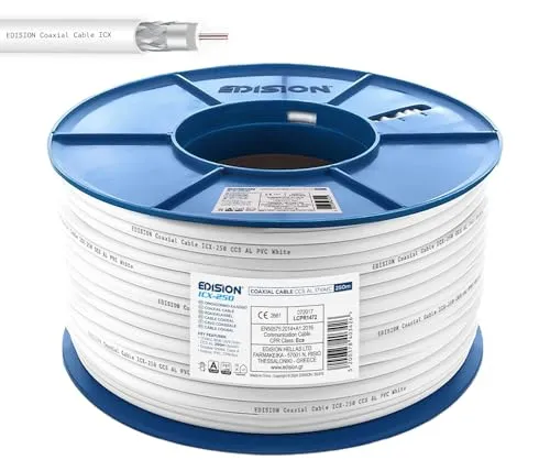 EDISION ICX-250 Koaxialkabel 250m, Antennenkabel 130dB Indoor PVC Weiß, Stahl/Kupfer Innenleiter CCS, SAT Kabel, geeignet für DVB-S2, DVB-T/T2, DVB-C, BK-Anlagen, CCTV, Kunststoffspule 250m