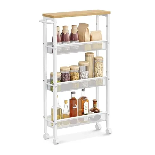 relaxdays Küchenwagen Nischenwagen mit 4 Ebenen, Hellbraun-Weiß