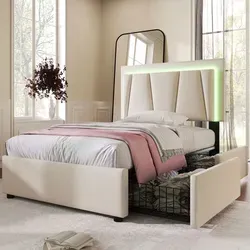 Flieks Polsterbett mit LED-Beleuchtung und 2 Schubladen, beige 90x200cm - Stilvolles Polsterbett mit integrierter LED-Beleuchtung und praktischem Stauraum durch 2 Schubladen, ideal für kleine Schlafzimmer.