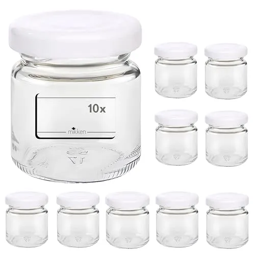 mikken 10 kleine Einmachgläser 53ml Marmeladengläser mit Deckel weiss inkl. Etiketten