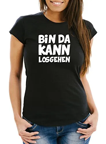 MoonWorks Damen Fun T-Shirt mit Spruch Bin da kann losgehen Slim Fit Schwarz XL