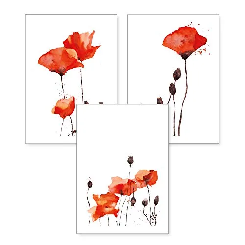 Kreative Feder 3-teiliges Premium Poster-Set | Mohnblumen | Deko Bild für Ihre Wand | optional mit Rahmen | Wohnzimmer Schlafzimmer Modern Fine Art | DIN A4 / A3 (A4, ohne Rahmen)