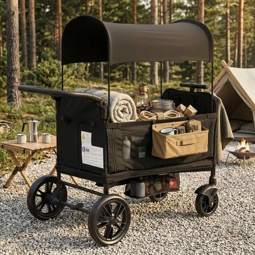 Faltbarer Bollerwagen für 2 Kinder mit Sonnendach und verstellbarem Griff
