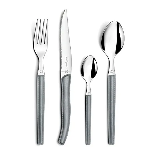 Lou Laguiole Besteck SKY, Tafelbesteck für 6 Personen, Edelstahl/Griff in Lederoptik, Grau, 24-teilig