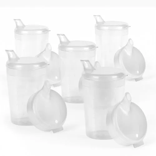 Horn Medical 5er Pack Erwachsenen Trinkhilfen 250ml Schnabelbecher PLUS 5 Deckel für Flüssigkeiten & 5 Deckel für Brei/Mus - Farbe wählbar (Transparent)