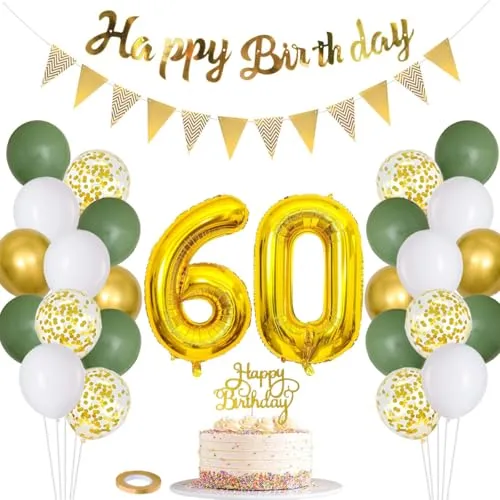 Dekoration zum 60. Geburtstag für Frauen und Männer, „Happy Birthday“-Banner, Tortenaufsatz, Folienballon mit der Zahl 60, Salbeigrün-Weißgold-Konfettiballons als Dekoration zum 60. Geburtstag60