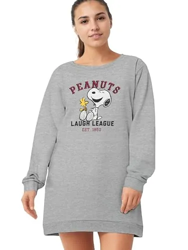 United Labels The Peanuts Snoopy Nachthemd für Damen - Laugh League Schlafshirt Pyjama Langarm Oberteil Grau (Grau, L)