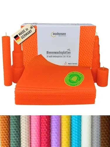 Wachsmann Bienenwachsplatten orange 20x15 cm - 20 Bienenwachsplatten aus 100 % reinem Bienenwachs, ideal zum Selbermachen von Kerzen. Einfach zu verarbeiten und perfekt für kreative Bastelprojekte mit der Familie.
