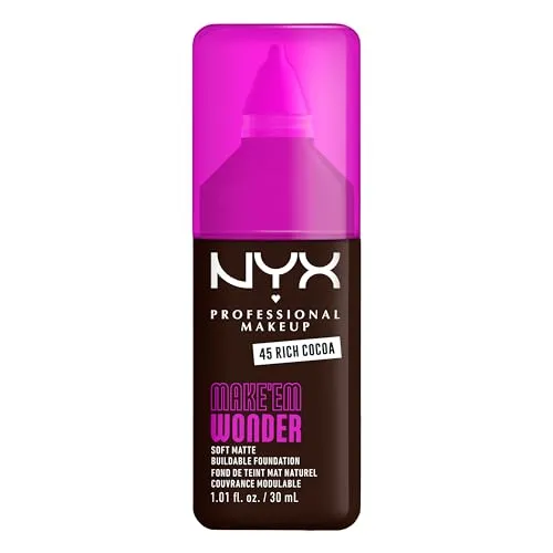 NYX Professional Makeup Make 'EM Wonder Foundation, 24H Soft Matte Aufbaubare Foundation, Mit hoher Deckkraft, Mattes Finish, 45 Rich Cocoa