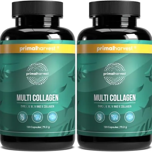 Produktbild Primal Harevst Multi Collagen – Nahrungsergänzungsmittel mit Kollagen Typ I, II, III, V & X, für Männer &Frauen, frei von Milchprodukten, Soja & Gluten, 2 Stück (60 Portionen)