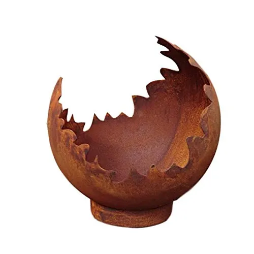 Deko/Feuerkugel/Pflanzkugel 30 cm aus Metall -hergestellt in der EU- Edelrost Rost mit Standring Windlicht Garten Pflanzgefäß Blumentopf plus kleine rustikale offene Amphore ca. 10 cm als Deko dazu