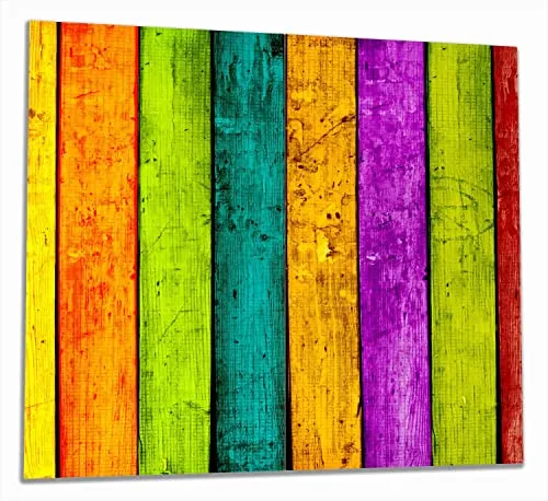Wallario Herdabdeckplatte/Spritzschutz aus Glas, 2-teilig, 60x52cm, für Ceran- und Induktionsherde, Buntes Holz - Bunte Streifen mit Farbe und Holzstruktur