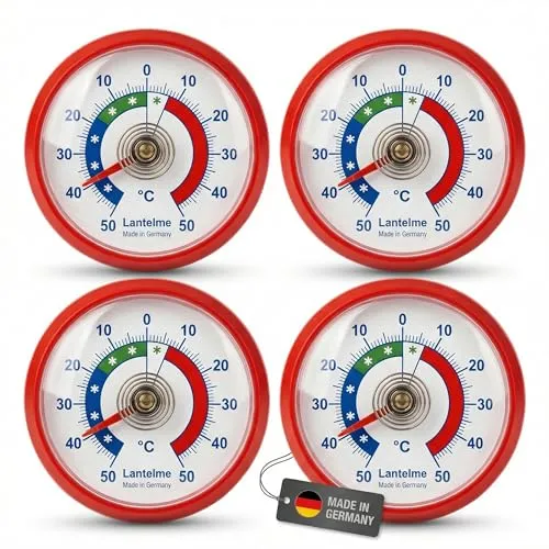 Lantelme 4 Stück Kühlschrankthermometer Set zum ankleben Temperaturüberwachung + - 50°C | Präzise Analog Thermometer für Kühlschrank Gefrierschrank Kühltheke Kühlhaus | Kunststoff (Rot)