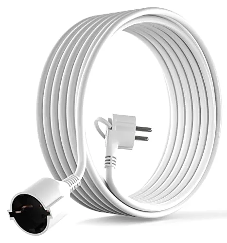 MutecPower 5 Meter Verlängerungskabel mit Flachstecker Qualitäts-Kunststoff Schuko Verlängerung mit Flachstecker Schutzkontakt 90° Winkelstecker & Schutzkontaktkupplung bis 250V 16A IP20-5m weiß