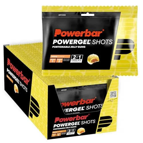 PowerBar PowerGel Shots Orange, 24 x 60 g - Energieriegel & Getränke, praktische Gummibonbons für schnelle Energiezufuhr während des Sports, ideal für unterwegs.