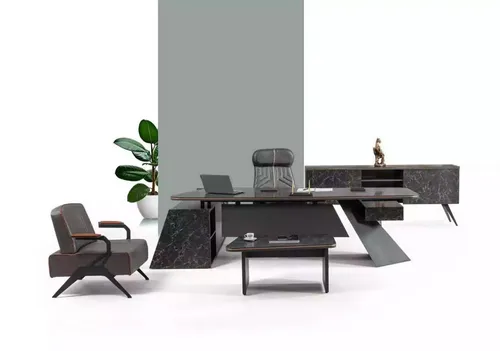 Moderne Büromöbelkollektion - Arbeitsplatzset mit Schreibtisch - Stylisches Arbeitsplatzset mit einem großzügigen Schreibtisch (276 x 201 x 77 cm) und 3 Schubladen. Ideal für ein modernes Arbeitszimmer und bietet viel Stauraum.
