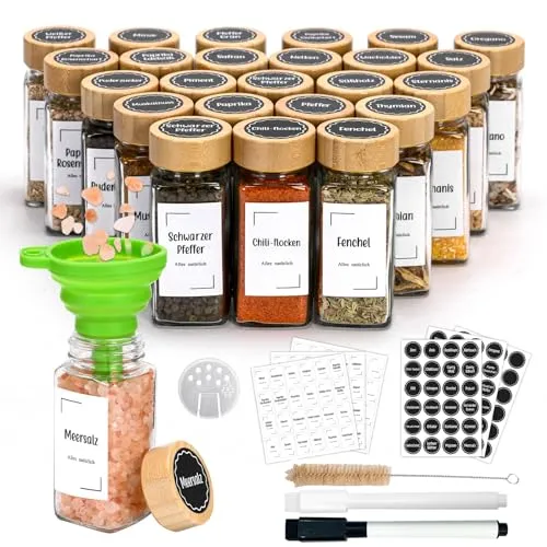 MallCreaty Gewürzgläser Eckig,Gewürzdosen 24er Set mit Bambusdeckel,120 ml Gewürzstreuer Spice Jars Gewürzbehälter mit Trichter und Gewürzetiketten,Gewürze organizer,Gewürze Aufbewahrung