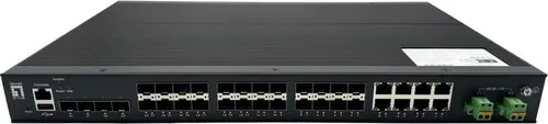 LevelOne 28-Port Managed Gigabit Industrial Glasfaser Switch der L2-Plus-Klasse mit 16 SFP-Anschlüssen für 1 Gigabit/s, Ist kompatibel mit 8 x Gigabit SFP/RJ45 Combo und 4 x 1/2.5GbE SFP, Redundantes Netzteil, -40°C bis 80°C, Managed, L2+, Rack-Einbau