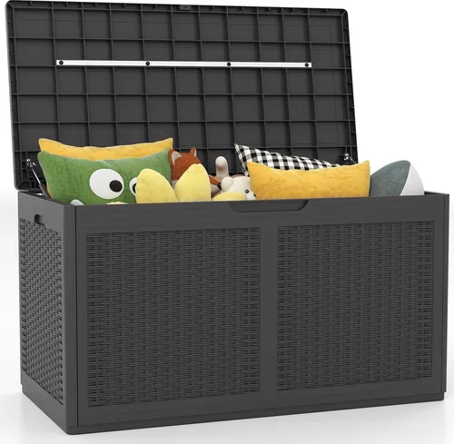 GOPLUS 380 L Gartenbox, Auflagenbox wasserdicht mit Rollen, Deckel, Kissenbox Outdoor aus Rattanstruktur, Gartentruhe für Balkon, Gartengeräte (Grau)