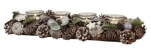 Weihnachtlicher Adventskranz aus Mehreren Materialien länglich mit grün/brauner Dekoration für Teelichter Länge 45 Breite 15 cm