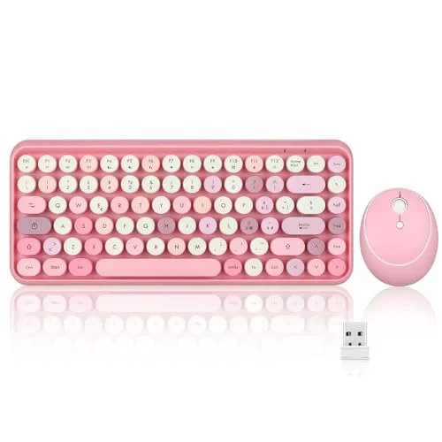Perixx PERIDUO-713 Kabellose Tastatur und Maus, runde Tasten, Retro Schreibmaschine Design, Multimedia-Tasten, Cute Pink, Italienische QWERTY