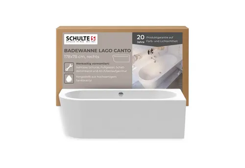 Schulte Badewanne Lago Canto - Komplett-Set, 178x78 cm, Rechts - Sanitäranlagen & Zubehör. Hochwertige Badewanne aus schlagfestem Sanitäracryl, mit geräumigem Design für entspannende Badeerlebnisse und schallgedämpfter Installation.