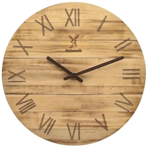 Holzwerk Retro Wanduhr 35 cm – Rustikale Holz-Uhr mit Römischen Ziffern - Einzigartige Wanduhr aus geflammtem Naturholz, 35 cm Durchmesser. Das hochwertige, leise Quarzwerk sorgt für stilvolle Zeitmessung ohne Ticken. Ideal für Büro oder Schlafzimmer – ein echtes Unikat!