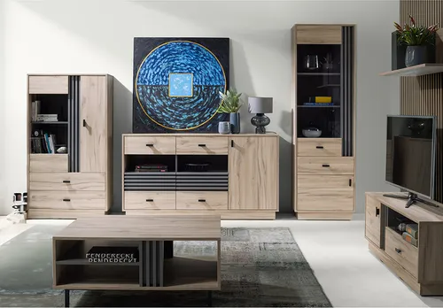 Wohnzimmer Komplett-Set ANTIGUA-133 in Eiche Nb. mit Vitrinen & Sideboard - Das 6-teilige Wohnzimmer Komplett-Set ANTIGUA-133 vereint modernes Design mit praktischen Vitrinen, Sideboard und Lowboard in warmer Eiche-Optik. Ideal für stilvolle und funktionale Einrichtung!