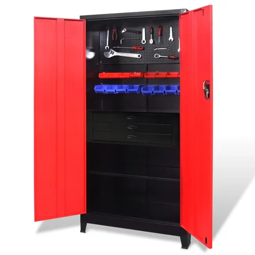 vidaXL Werkzeugschrank mit Werkzeugtruhe 90x40x180cm Rot Schwarz - Werkstatteinrichtung mit herausnehmbarer Werkzeugkiste und 3 Schubladen, aus robustem Stahl für langlebige Nutzung und sichere Aufbewahrung dank 3-Punkt-Schließsystem.