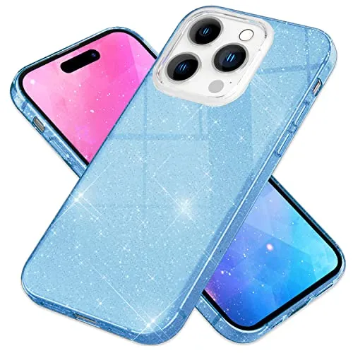 NALIA Glitzerhülle für iPhone 14 Pro - Funkelnder Glitzer-Look & Grip - SHINEPOP (Silikon Case) - Marke aus Berlin, Farbe:Blau